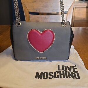 Love Moschino Black Shoulder Bag with Red Heart and Gold Chain
